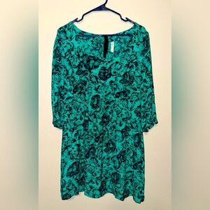 Anthropologie Maeve Green Floral Short Dress Size L 14 Shift Pockets 3/4 Sleeve